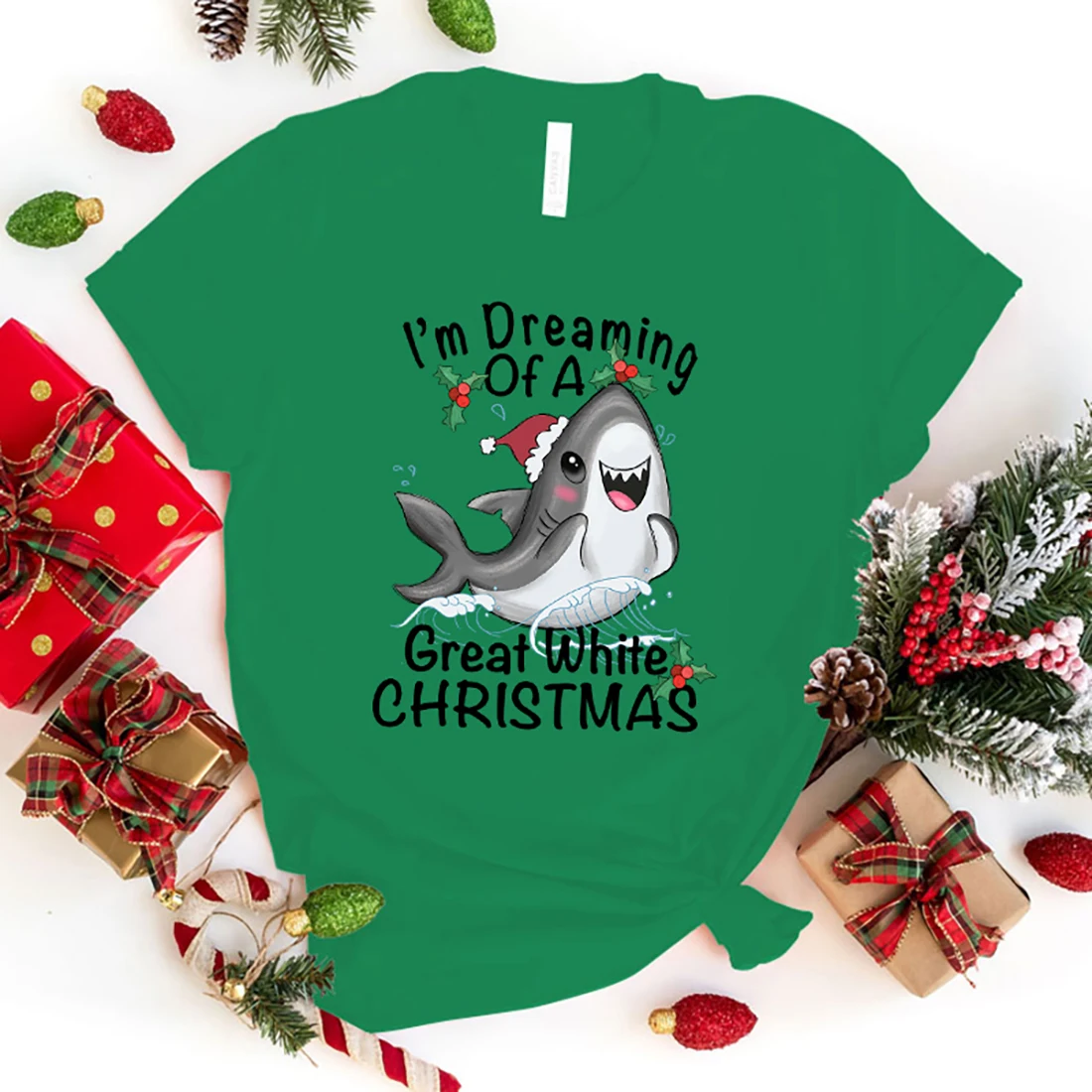 

Fashion I'M Dreaming Of A Great White Christmas Shark Print T-Shirt Girl T Shirt Soft Print Top Unisex Tee Clothing Casual tops