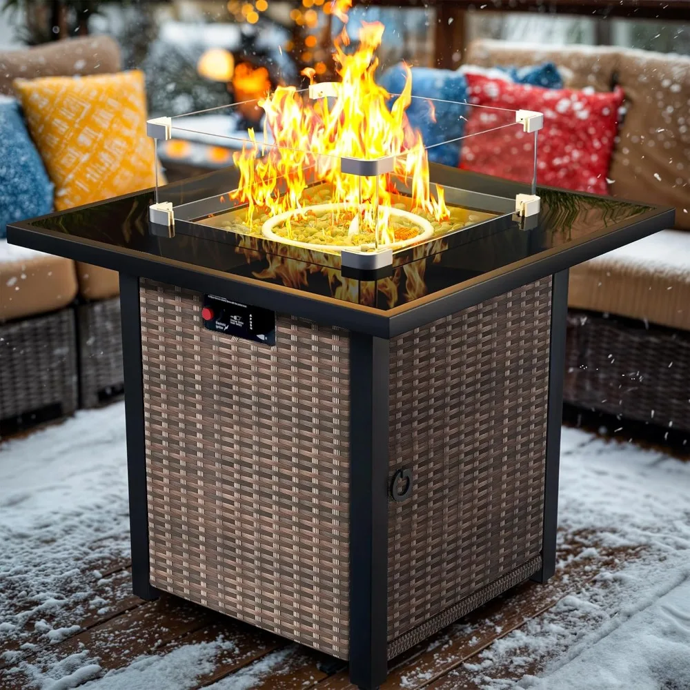 

Fire Pit Table, Outdoor Fire Pit Table, 28 Rattan Square Outdoor Gas with Glass Wind Guard, Tempered Glass Table