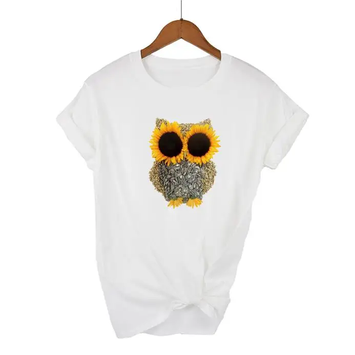

New Fashion 3d Creative Sunflower Design Owl Women's Printed T Shirt Novelty Owl You Need Is Love Basic Tops Girl's Funny Tee