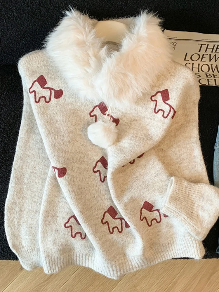 

Faionable Long Sve Knitted Sweater Women's Spring 2026 Loose Base irt Detachable Fur Collar Top Casual Sle Soft Fabric