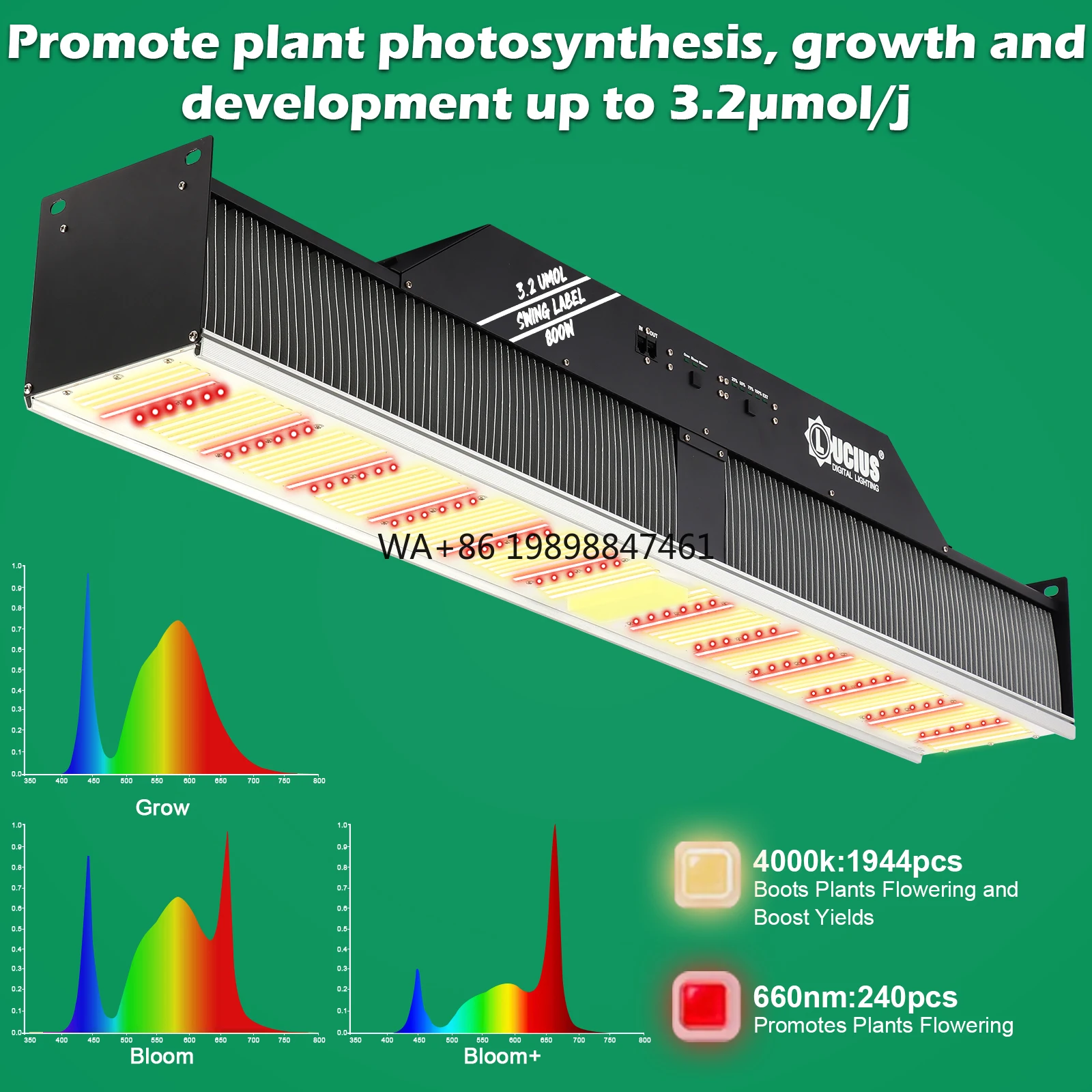 

800W Three Spectrum High PPFD 3.2umol DImmable Grow Lights for Indoor Plans And Hydroponics