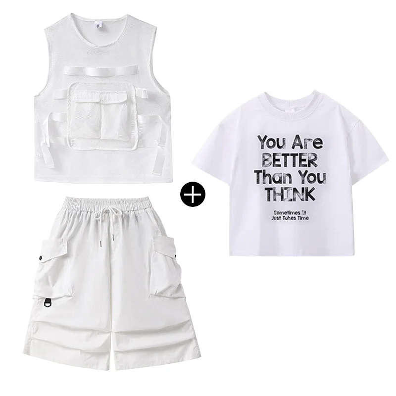 Kids Hip Hop Set White Net Vest T-shirt Street Dance Shorts Girls K-pop Streetwear Boys Jazz Costume Child Teens Clothes