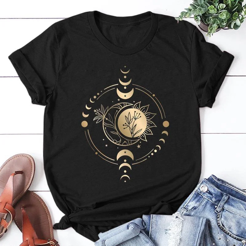 تي شيرت بأكمام قصيرة للرجال مع طباعة الشمس والقمر ، كاجوال ، صيفي ، هراكاز