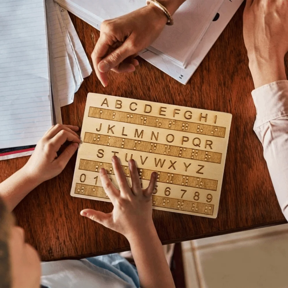 Wooden Braille Alphabet Board Thickened Efficient Tactile Letter Number Panel Educational with Raised Dots
