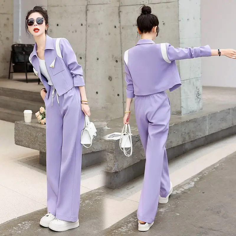 

Women's French Casual Color Contrast Splicing Blazer Wide Leg Pants Set Commuting Solid Loose Pocket Suit Pants Two-piece Set