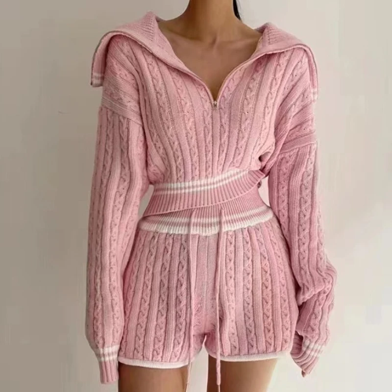 

Women Knit Casual 2 Piece Sets Zipper Pullover Sweater + Women Outfit Fall Winter High Waist Drawstring Shorts Set Office