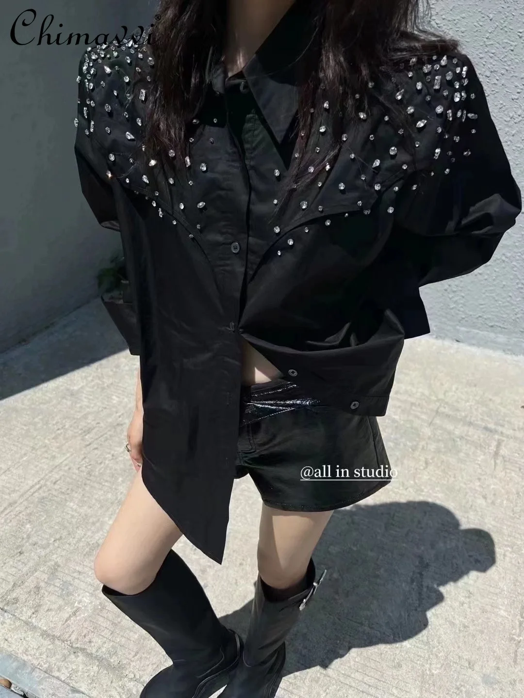 Heavy Rhinestone Loose Long-Sleeved Shirt 2024 Spring and Autumn New OL Fashion Stitching Streetwear All-Matching Blouse Tops