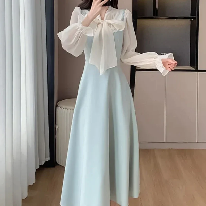 Dresses for Women Silk Bow New In Spring Autumn Woman Long Sleeve Dress Features Elegant Party Casual Youth One-piece Aesthetic