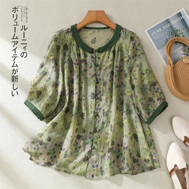 

Cotton Linen Thin French Blouse Women Single Breasted Floral Print Top Loose Polo Collar Half Sleeve Summer Shirt