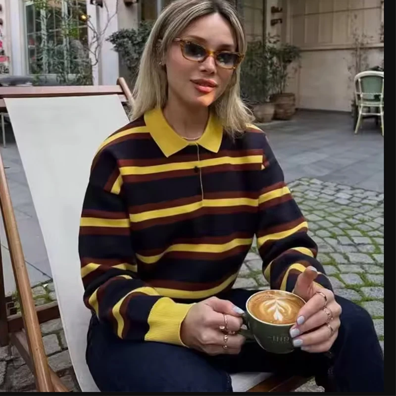 المرأة مخطط بولو طوق متماسكة سترة متعدد الألوان كبيرة الحجم 2025 عادية Perppy المرأة قمة الموضة شيك سيدة البلوز #2