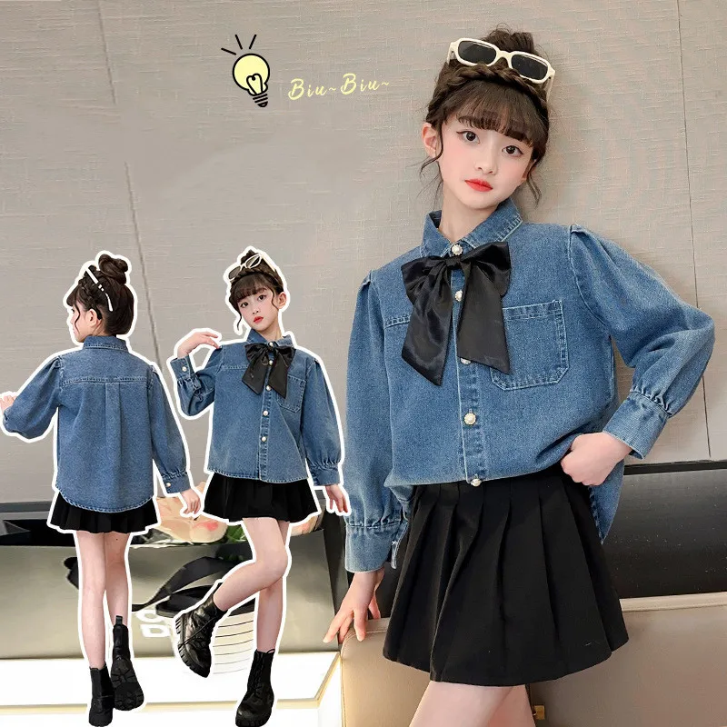 

Spring Autumn New Denim Shirts for Girls Children Casual Turn-down Collar Blouses Kids Long Sleeve Tops Korean Style Clothes 12Y