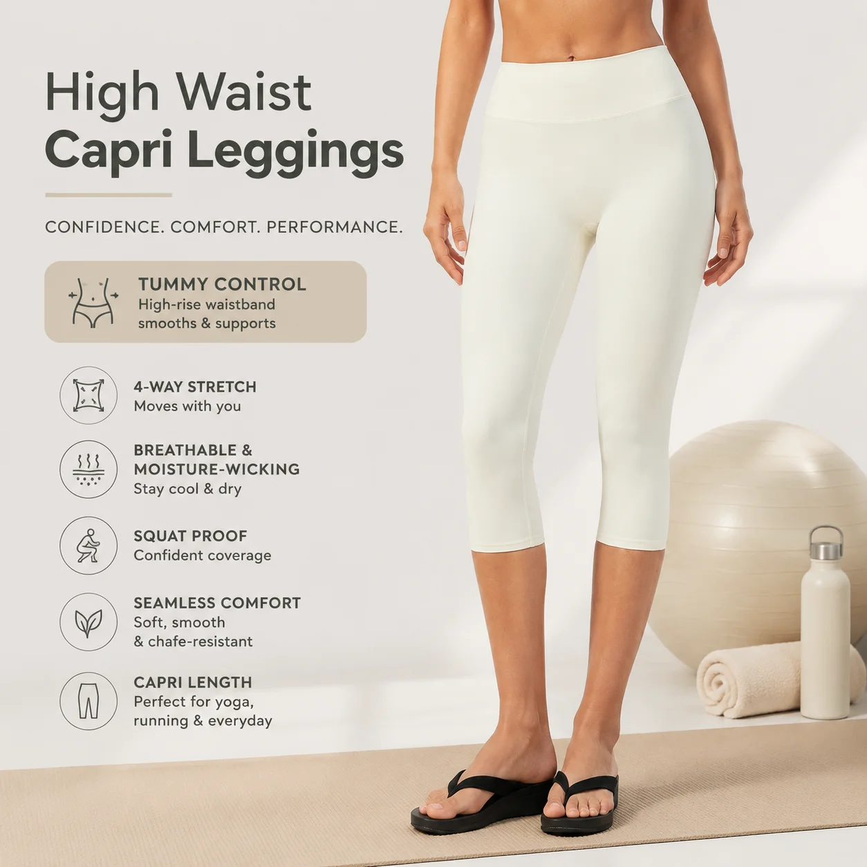 Women's High Waist Capri Leggings, 7/8 Length Yoga Pants, Tummy Control Gym Workout Tights for Fitness Running
