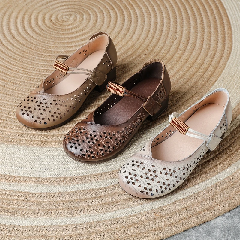 

DIMANYU Mom's Genuine Leather Shoes 2026 Summer New Retro Hollow Out Women's Shoes Non-Slip Soft Sole Breathable Mom Shoes