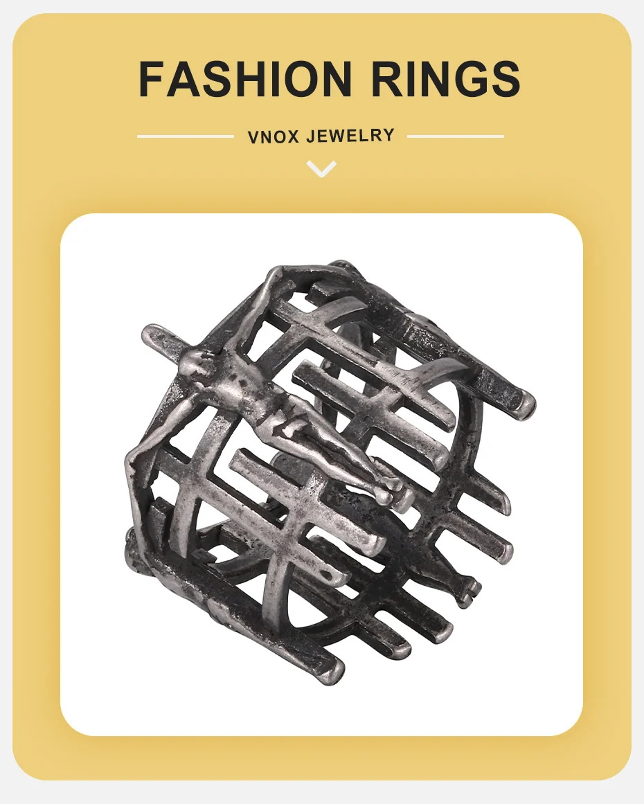 Vnox Antiker Käfig-Kruzifix-Ring für Männer, Gotischer Punk Hohlkreuz-Fingerring Religiöses Christliches Amulett Schmuck Geschenk – Detail 2