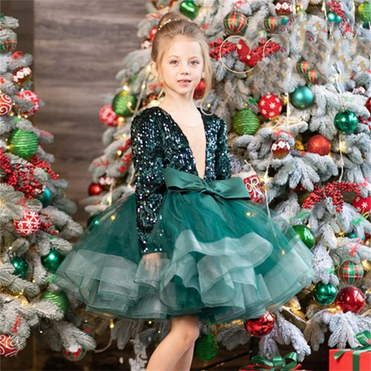 Tüll Prinzessin Blumen mädchen Kleid für Hochzeit grün geschwollene volle Ärmel knielange Geburtstags feier Erstkommunion Ballkleider