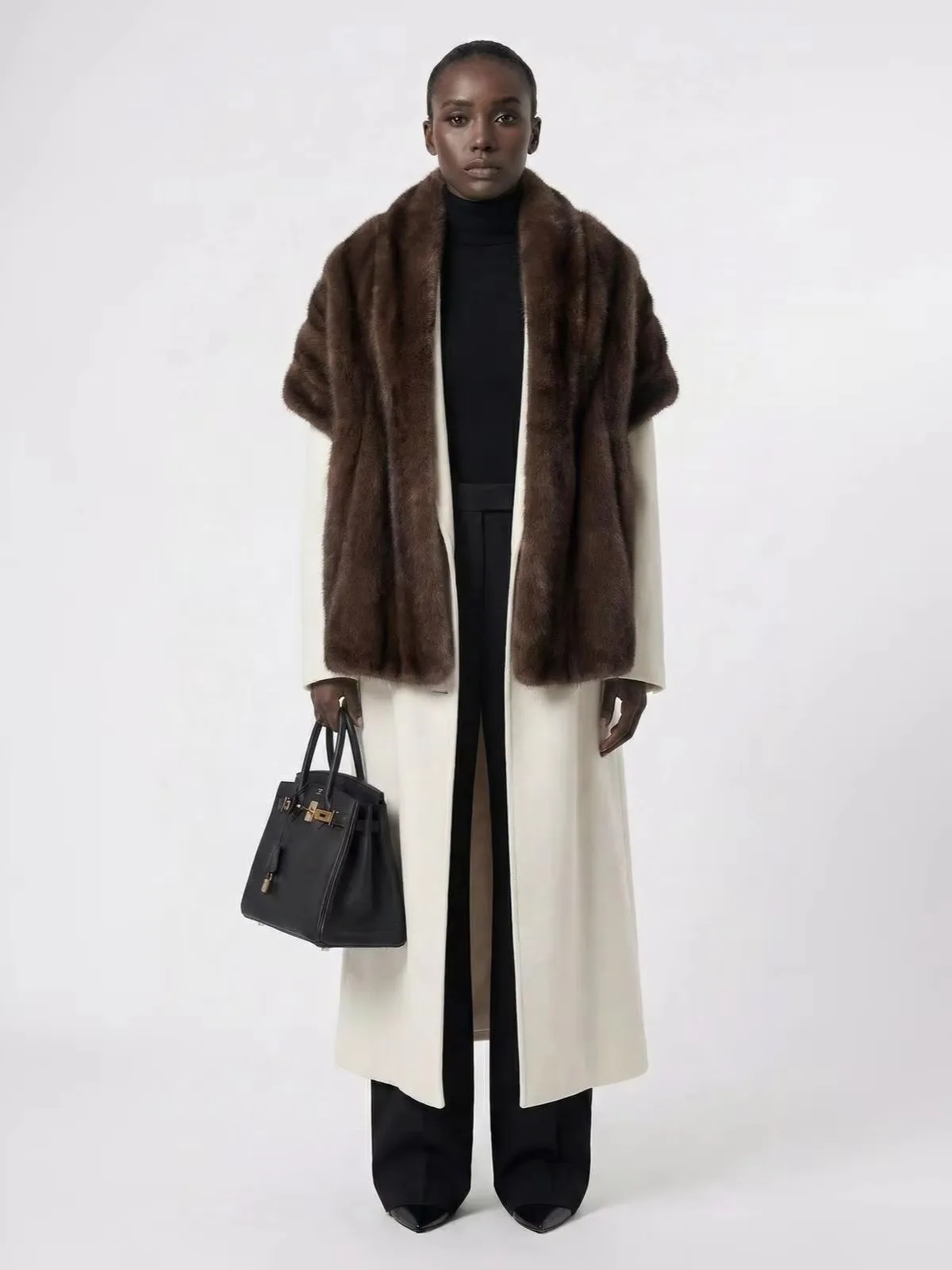 Women's Long Fluffy Faux Fur Scarf Shawl Plush Thick Warm Brown Winter Elegant Luxe Chic Outerwear