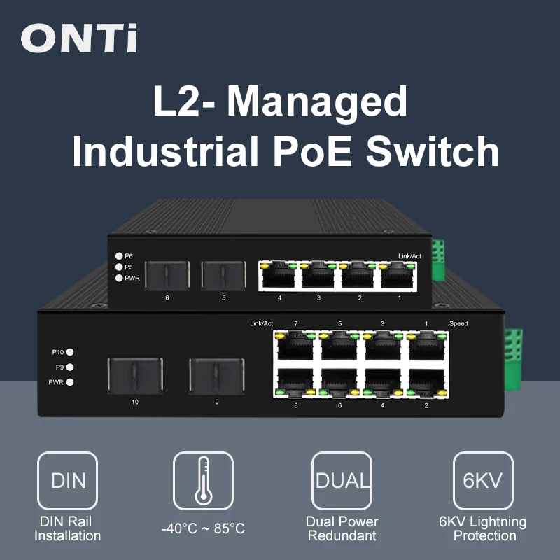 

Коммутатор PoE Onti-industrial, 4/8 портов, 10/100/1000 Мбит/с + 2 гигабитных слота SFP, Din-рейка, стандарт IP40, iee802.3af/at