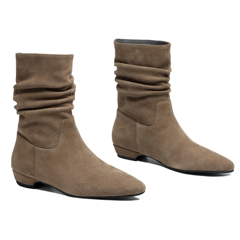 

INS Trend New Cow Suede Leather Ankle Boots for Women Pleated Low Heels Fashion Autumn Winter Short Boots Ladies Shoe Size 34-43