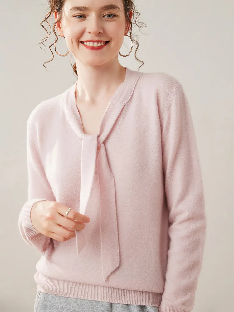 

2025 Women's 100% Cashmere Sweater V-neck Ribbon Pullover Office Lady Basic Grace Cashmere Knitwear Autumn Winter Soft Warm Tops