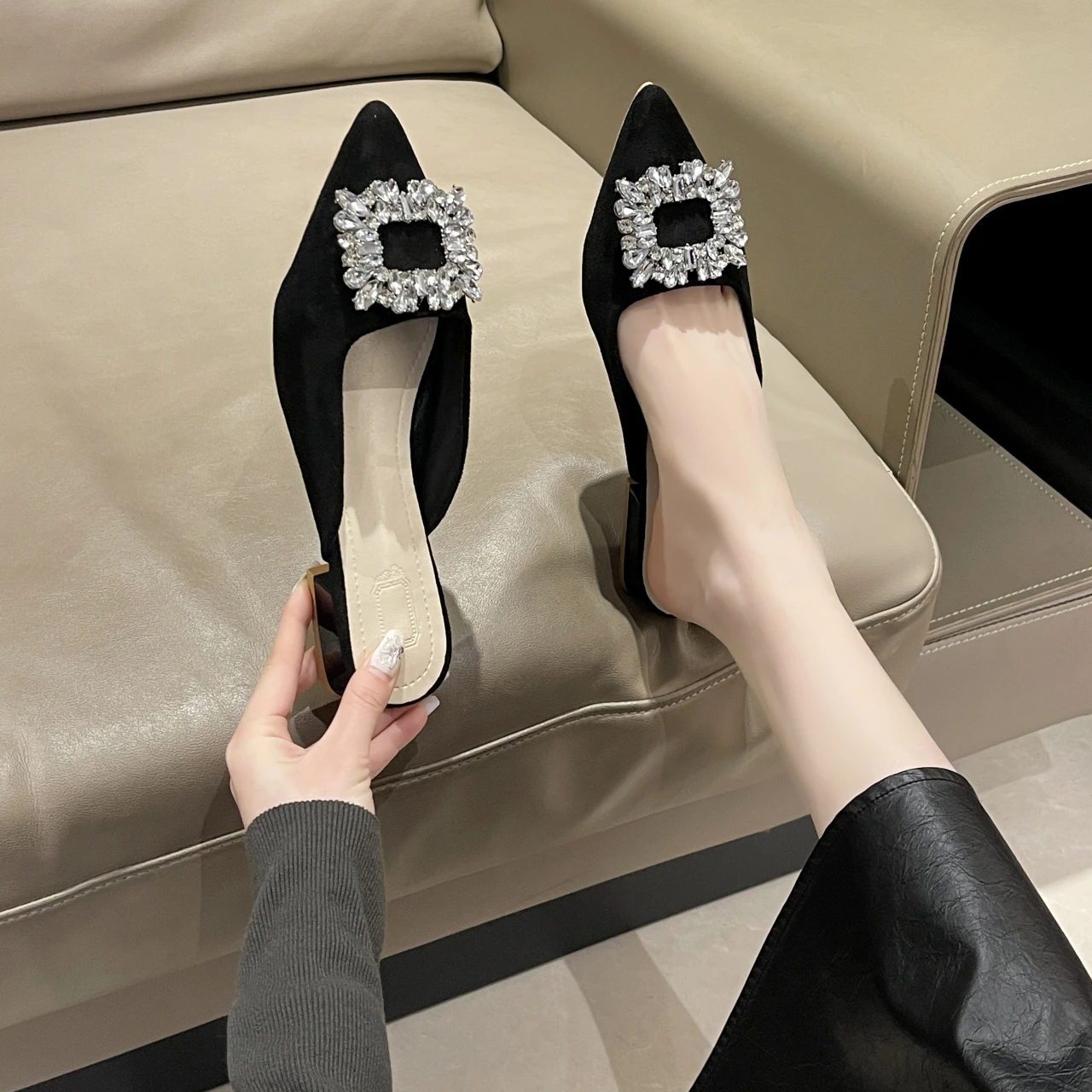 

New Autumn Metal Decoration Crystal Silk Slippers Women Pointed Toe Stripper High Heels Party Prom Lady Shoes Zapatos Mujer