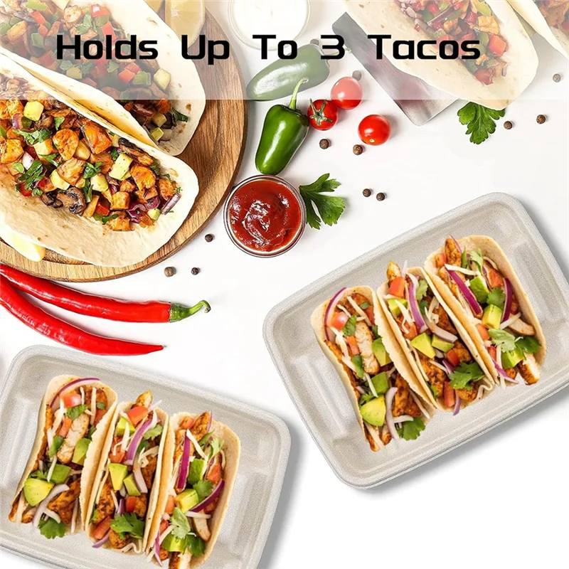 

50 Pieces Biodegradable Disposable Taco Holder, 3 Compartments Paper Taco Plates, Made Of Sugarcane Fibers For Party-VVBC