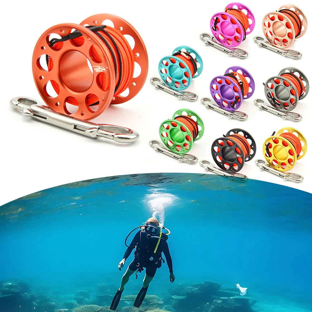 15m 30m Mini Scuba Diving Spool Finger Reel Bolt Snap Hook Aluminum Alloy Free Diving Finger Spool Dive Reel Diving Gear Parts