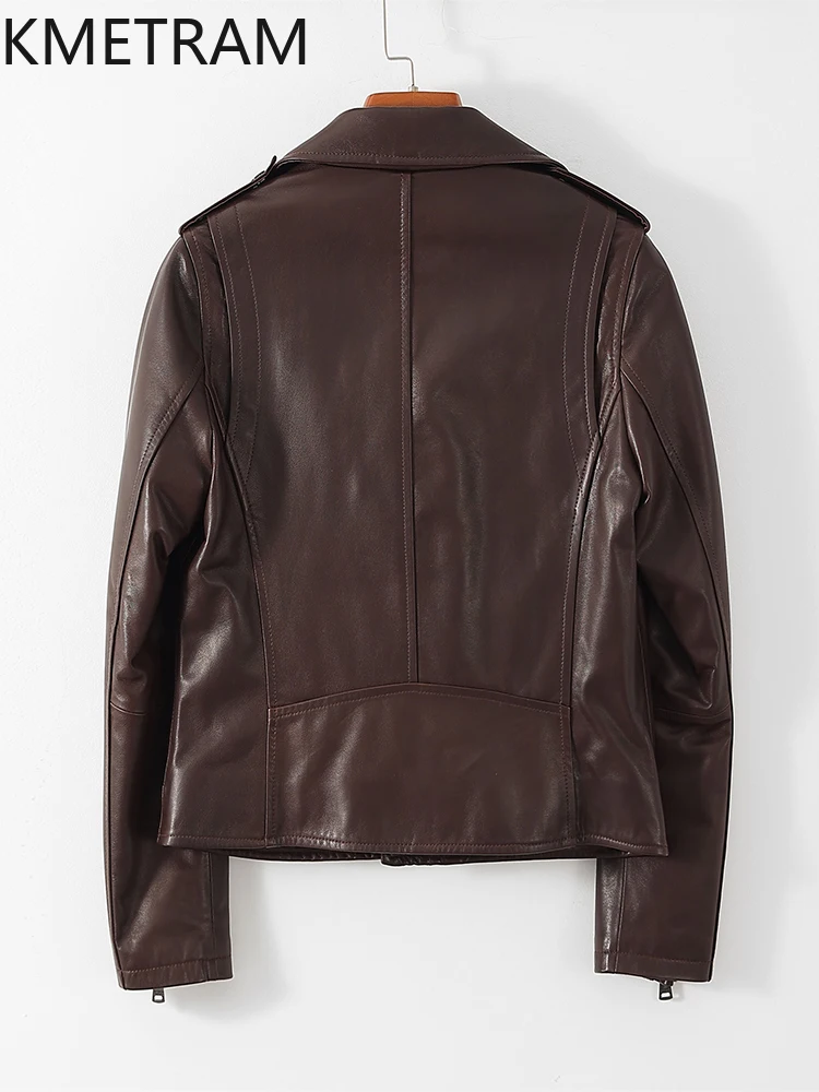 100% 탑 레이어 양피 재킷 여성 빈티지 브라운 진짜 가죽 자켓 바이커 겉옷 가을 옷 2025 여성 veste femme