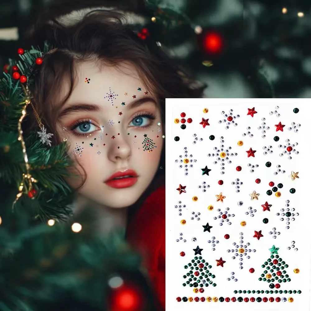 

Christmas Makeup Face Stickers Cartoon Tree Reindeer Antler Acrylic Handmade Forehead Diamond Gems Colorful Set