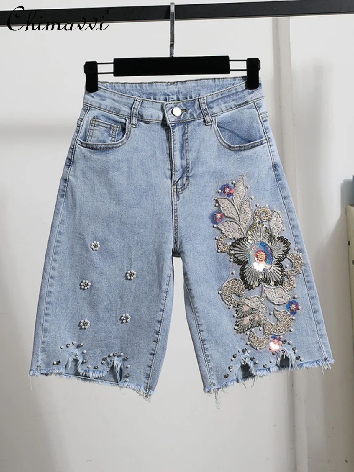 Summer New Fashion Light Color Heavy Embroidery Sequined Worn Frayed Shorts High Waist Wide Leg Denim Middle Pants for Women