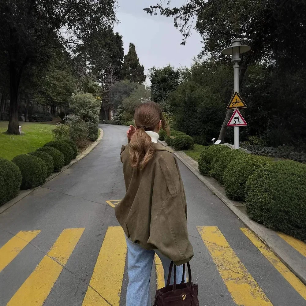 

Women's Long Sleeve Waist Cinched Cuffed Flip Collar Pilot Style Fashionable Versatile OuterwearUnique Design Suede Jacket