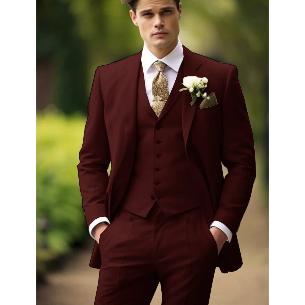 Men\'s Three-piece Elegant and Fashionable Slim Solid Color Design Groom Wedding Dress Trousers Boyfriend Suit for Wedding Full