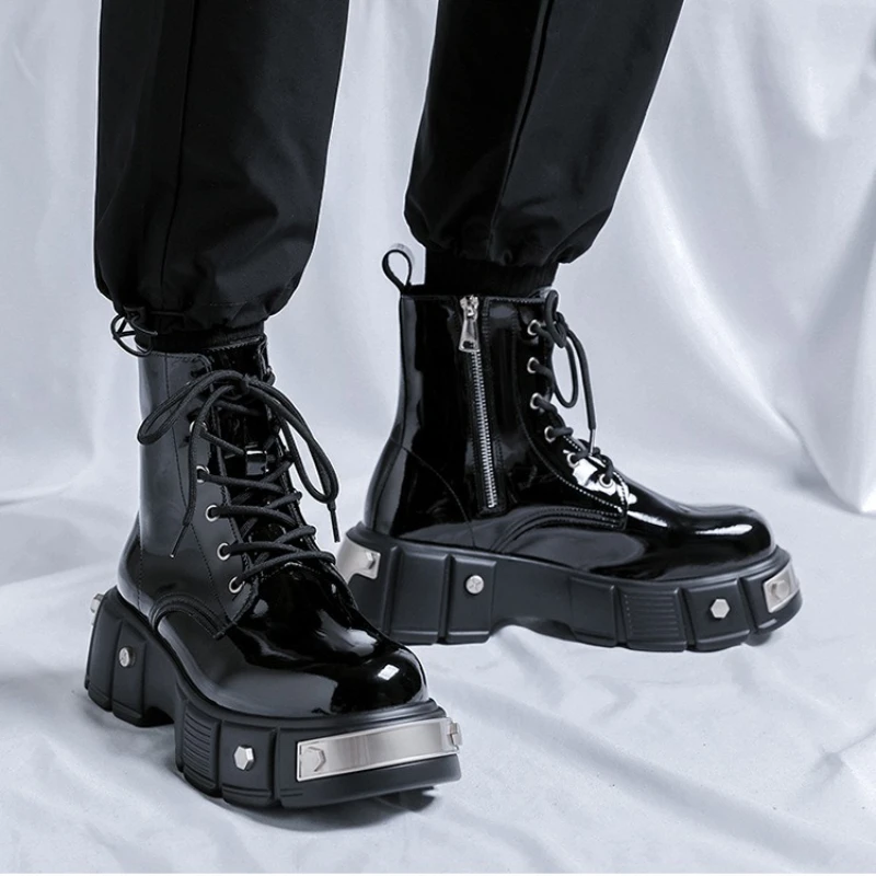 

New Design Patent Leather Fashionable Western Boots for Men Punk Style Trendy Workwear Shoes Men Chelsea Boots