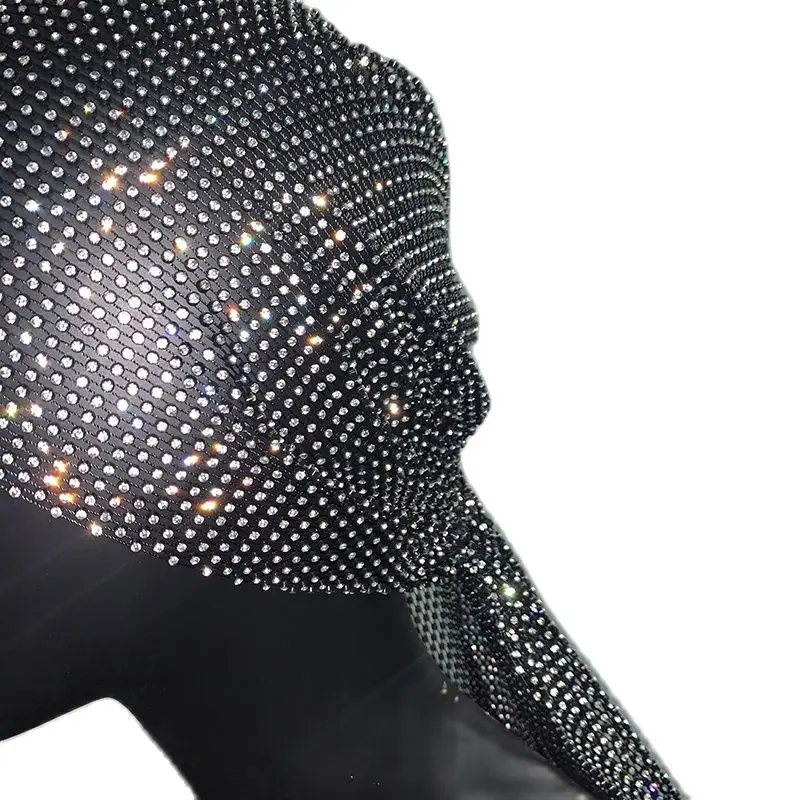 AKYZO Women\'s Shiny Diamonds See Through Fishnet Headscarf Hollow Out Glitter Rhinestone Black Head Top Nightclub Party Fashion