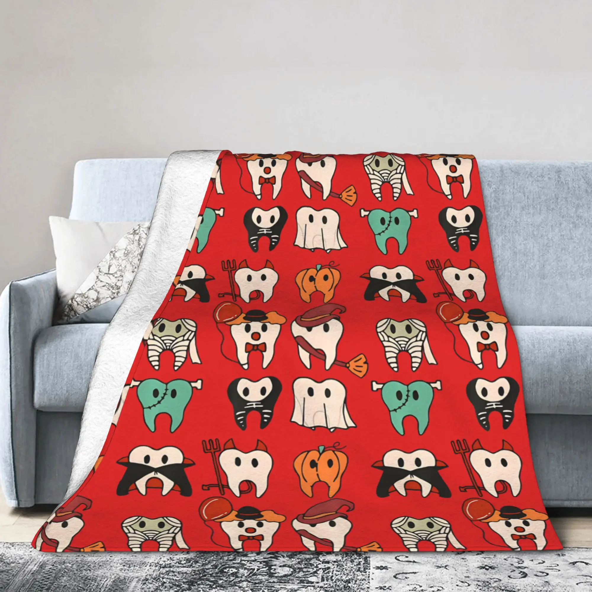Pumpkin Tooth  Flannel Blanket Cartoon Teeth Helloween Novelty Throw Blanket for Bed Sofa Couch 150*125cm Plush Thin Quilt,