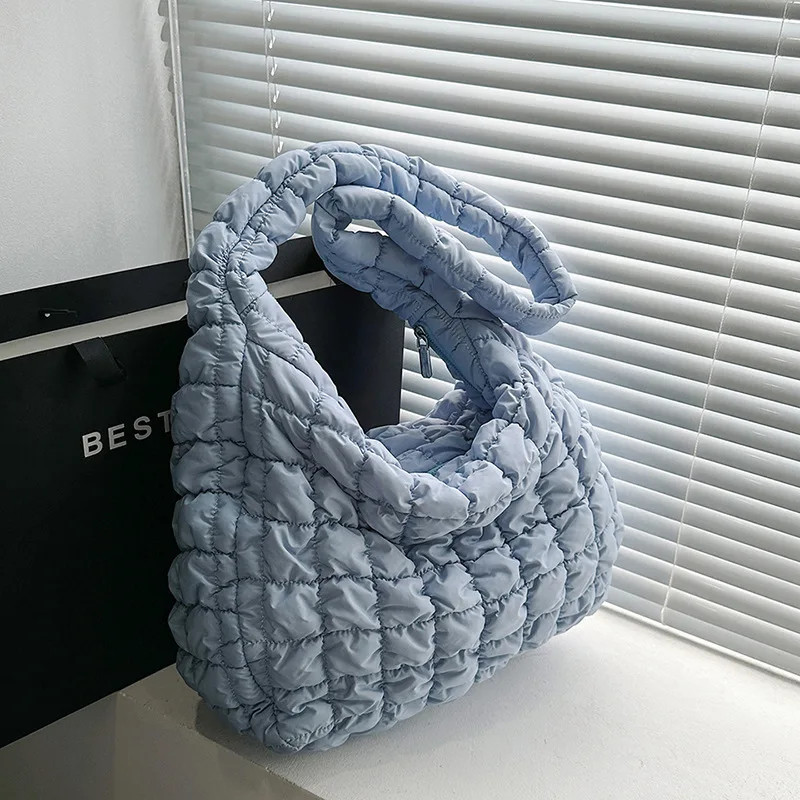 Girl Casual Large Capacity Tote Shoulder Bags Designer Ruched Handbag Luxury Nylon Quilted Padded Crossbody Bag Female Big Purse