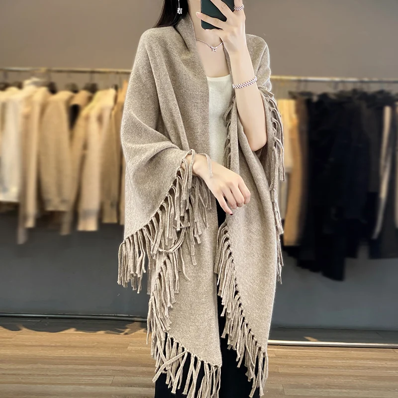 

100%Wool Women Knitted Sweaters Coats Spring Autumn Solid Elegant Pullover Jumper Irregular Tassel Hem Cape Cloak Pull Femme