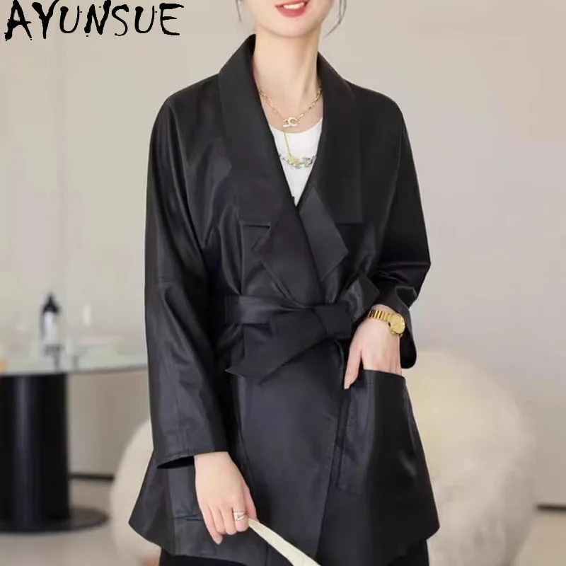 AYUNSUE Real Leather Jacket Woman Suit Collar Sheepskin Jackets for Woman Mid-length Lace-up Jacket Woman Clothes Ropa De Mujer