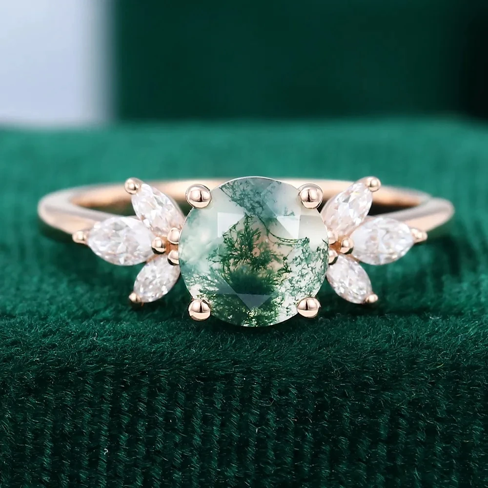 

Vintage Natural Moss Agate Ring for Women 925 Sterling Silver Marquise Cut Zircon Cluster Rings Gold Plated Promise Jewely