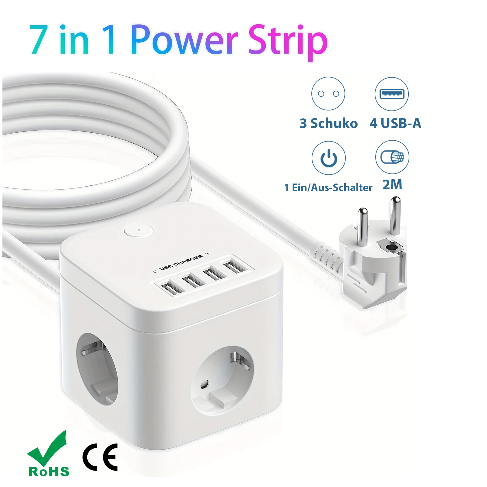 

EU Plug Power Strip Cube with 3 AC Outlets 4 USB Port, 2M Extension Cable, Multi Electrical Socket with Switch for home