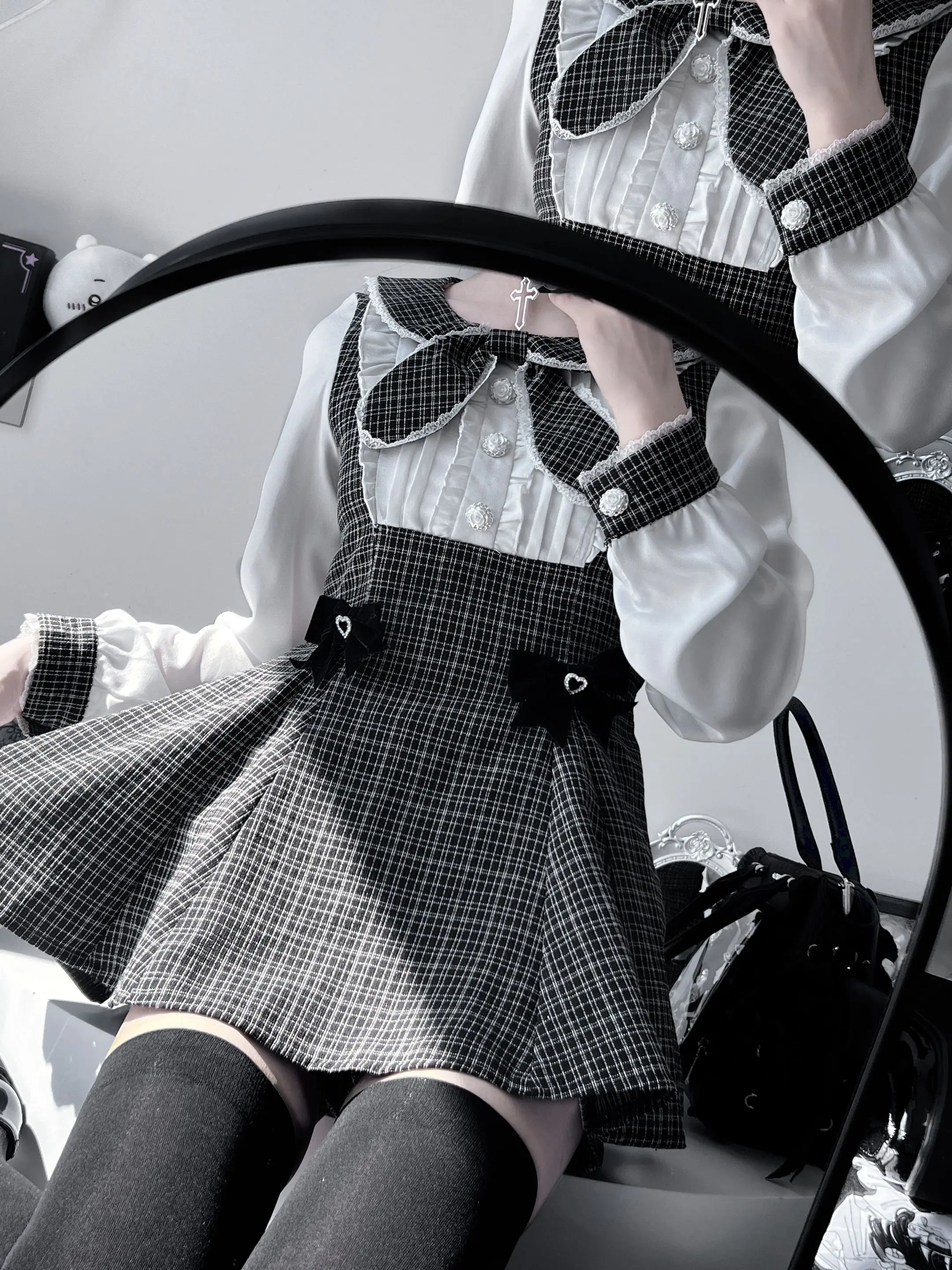 Original Japanese Mass-produced Mine Long Sleeve Dress + Shorts Set Womens Sweet Bow Princess Lolita Shirts Tops +Shorts Sets