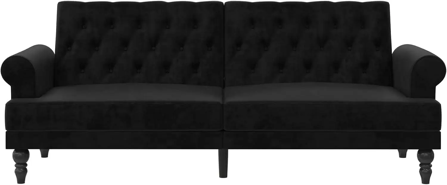 Upholstered Futon Black Velvet Made with A Strong Wood Frame and Relaxed Firm Cushioning Vintage with A Modern Twist