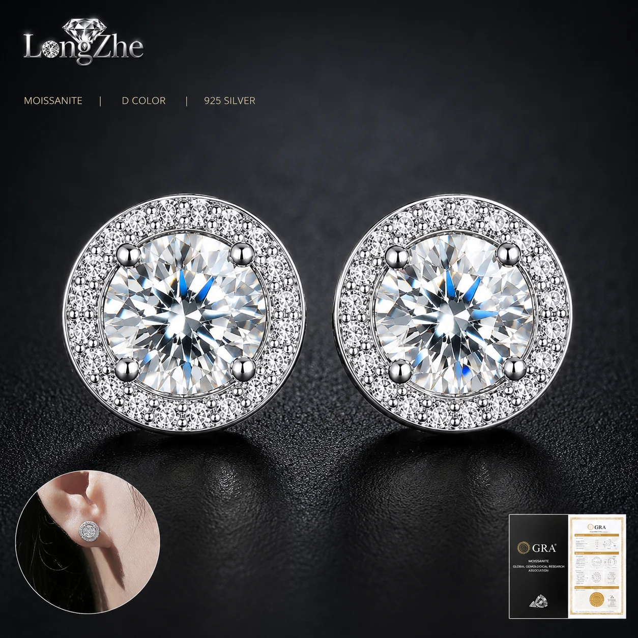 

S925 Sterling Silver Moissanite Stud Earrings 0.5CT x2 or 1CT x2 Round Cut Halo for Women Wedding Anniversary Fine Jewelry Gift