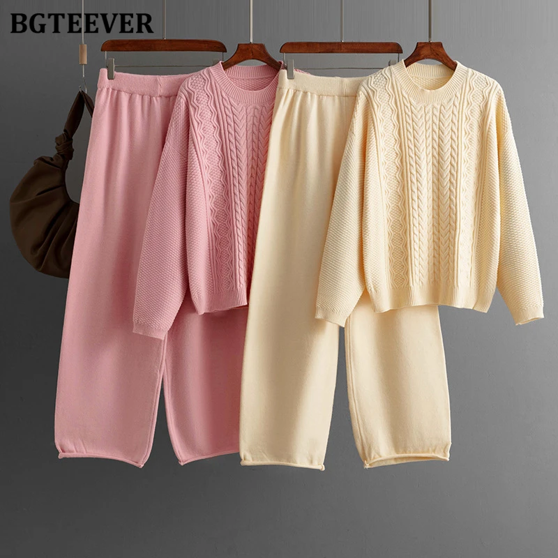 

BGTEEVER теплые женские трикотажные наряды витые свитера и широкие брюки осень-зима женский комплект брюк