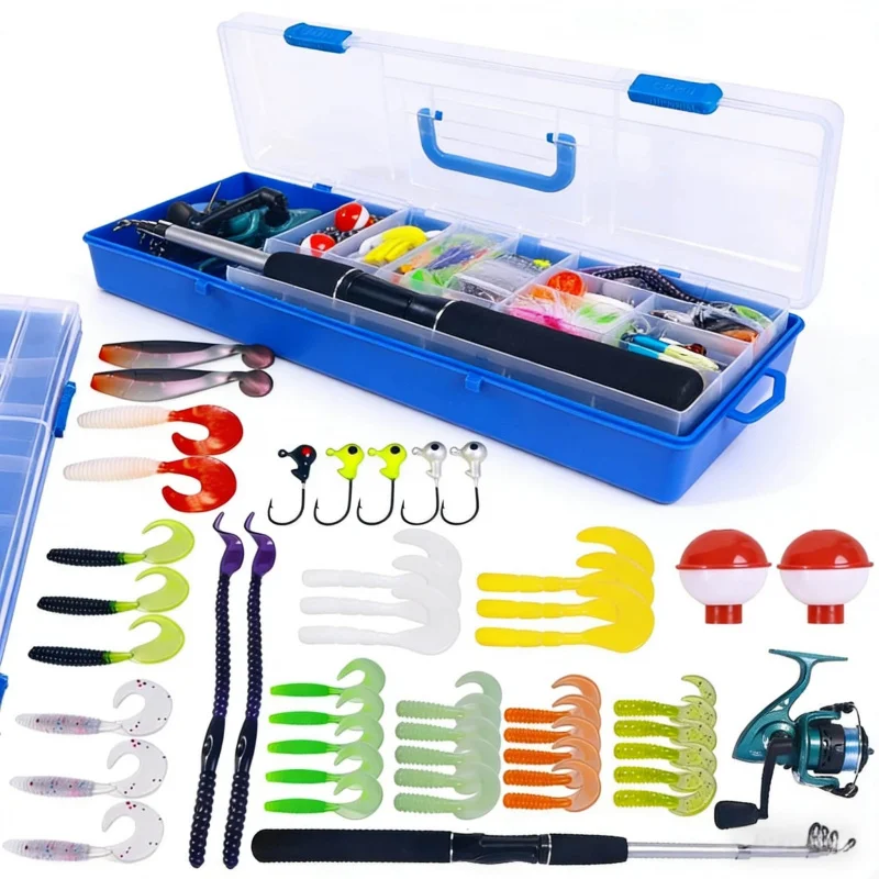 

New lure rod set, fishing bait and tackle combination, fishing reel, fishing rod, artificial bait box, complete fishing supplies