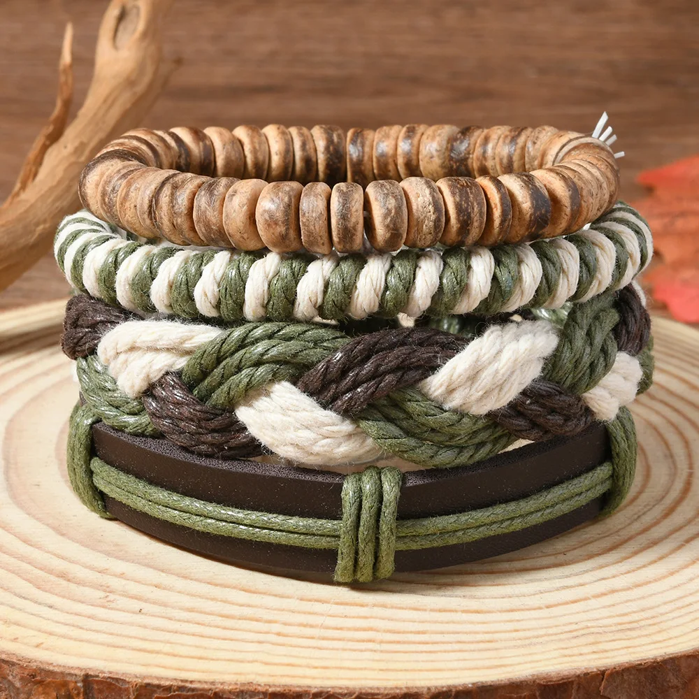 4pcs Boho Tribal Bracelet Set Adjustable Woven Hemp & Leather Wood Bead Stackable Bangle Fashion Jewelry for Men Gift Accessory