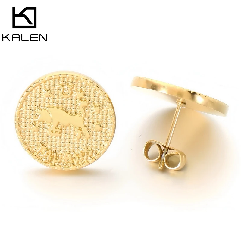 KALEN Vintage Relief Zodiac Sign Round Coin Stainless Steel Stud Earrings Aries Coin Style Ear  Fashion Jewelry Birthday Gifts