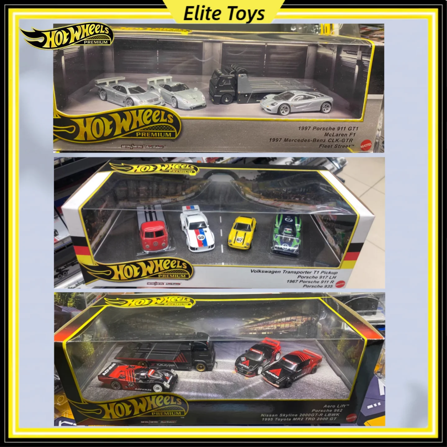 Hot Wheels Premium 1:64 Diecat Porsche Bmw Datsun Advan Garage 4PCS Car Transport Model Alloy Gift Box Collectible Vehicle Toys