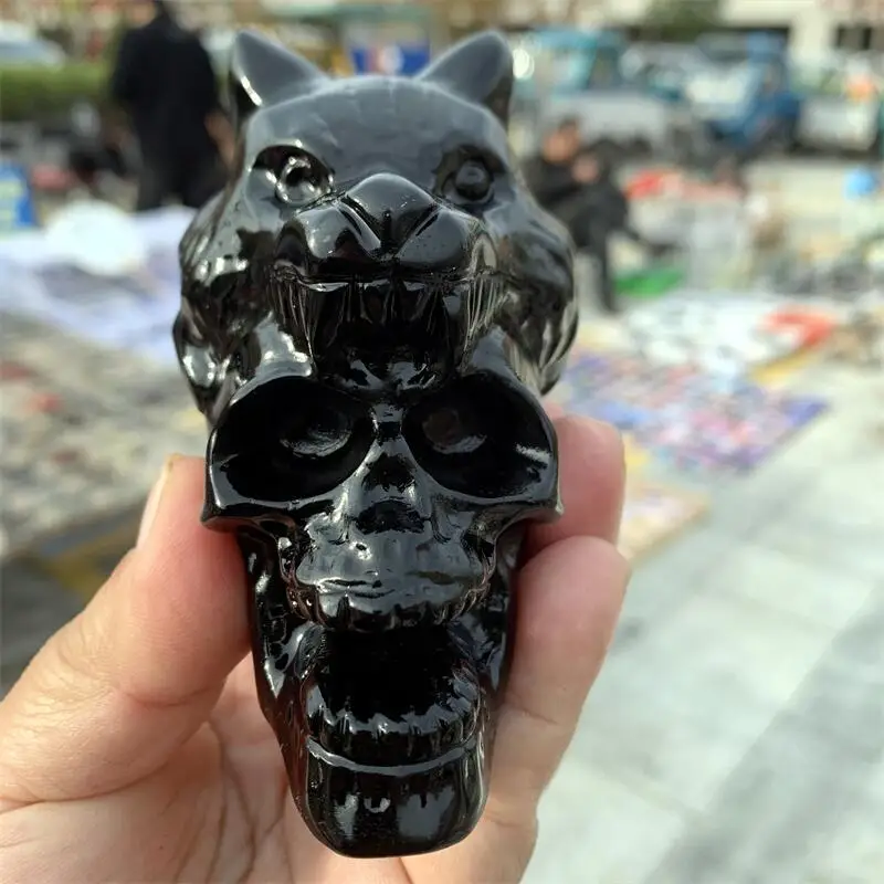 Natural Black Obsidian Wolf With Skull Carving Statue Realistic Feng Shui Healing Ornament Art Collectible Gift 1PCS