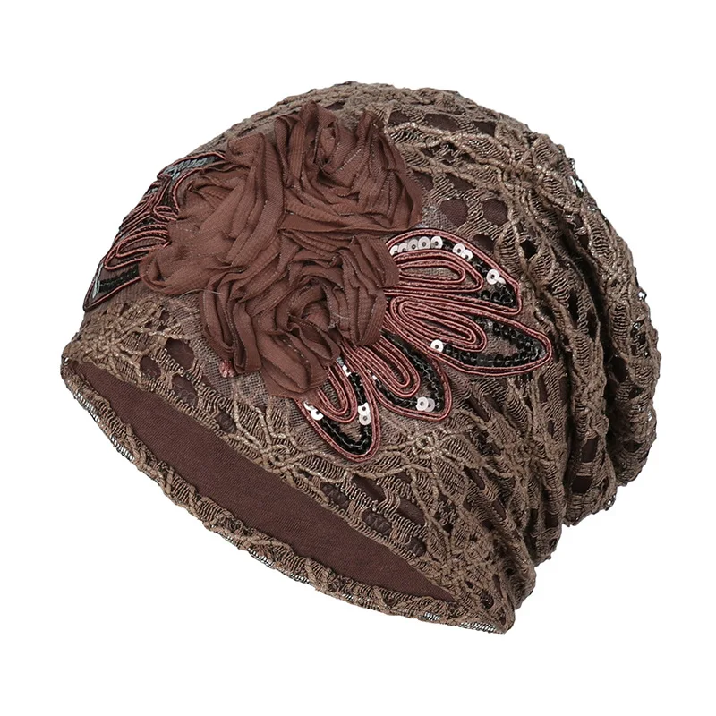 Elegant Women Sequins Lace Turban Cap Flowers Muslim Headwear Hat Female Head Wraps Ladies Headscarf Bonnet Turbante Mejur