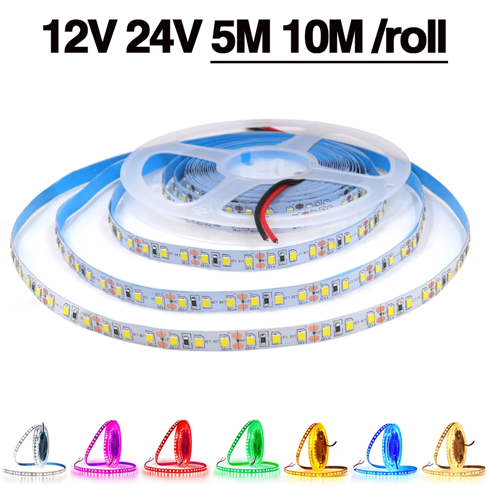 5M 10M LED Strip DC 12V 24V SMD 2835 120LEDs/M Home Decor Red Blue Pink Yellow Ice Blue White Flexible Ribbon Tape Rope Lights